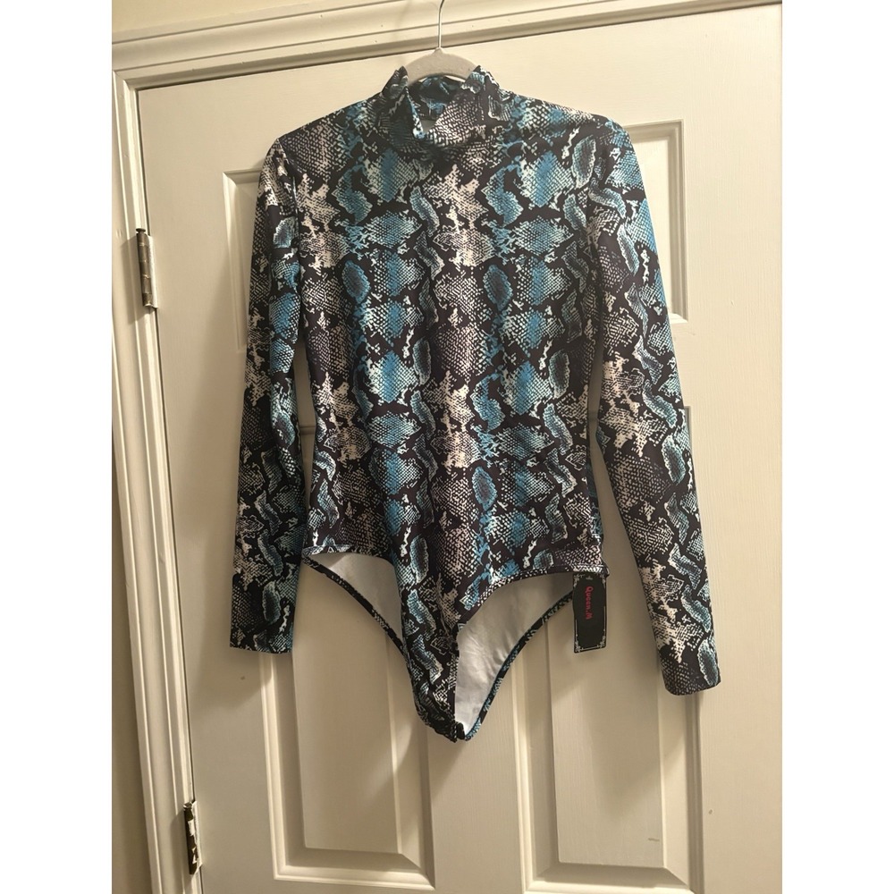 NWT Queen M Blue Black Snake Skin Print High Neck Long Sleeve Bodysuit Large
